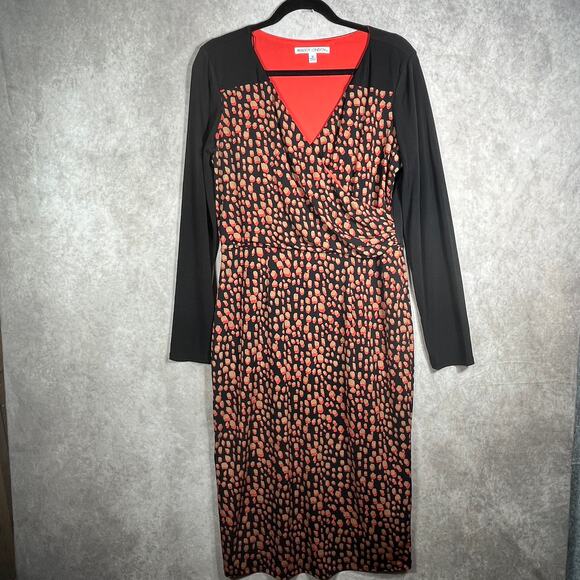 Maggy London Dress Womens‎ 12 Black Red Dotted Faux Wrap Long Sleeves Career - Picture 1 of 9